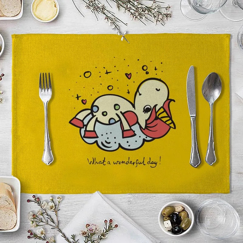 tapis table rectangulaire lin beige motif renard ours fleurs enfant cuisine
