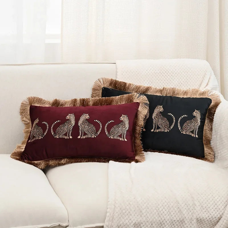 taie d'oreiller carrée léopard doré vintage tassel adhésif décorative verte noire polyester coton 45x45cm