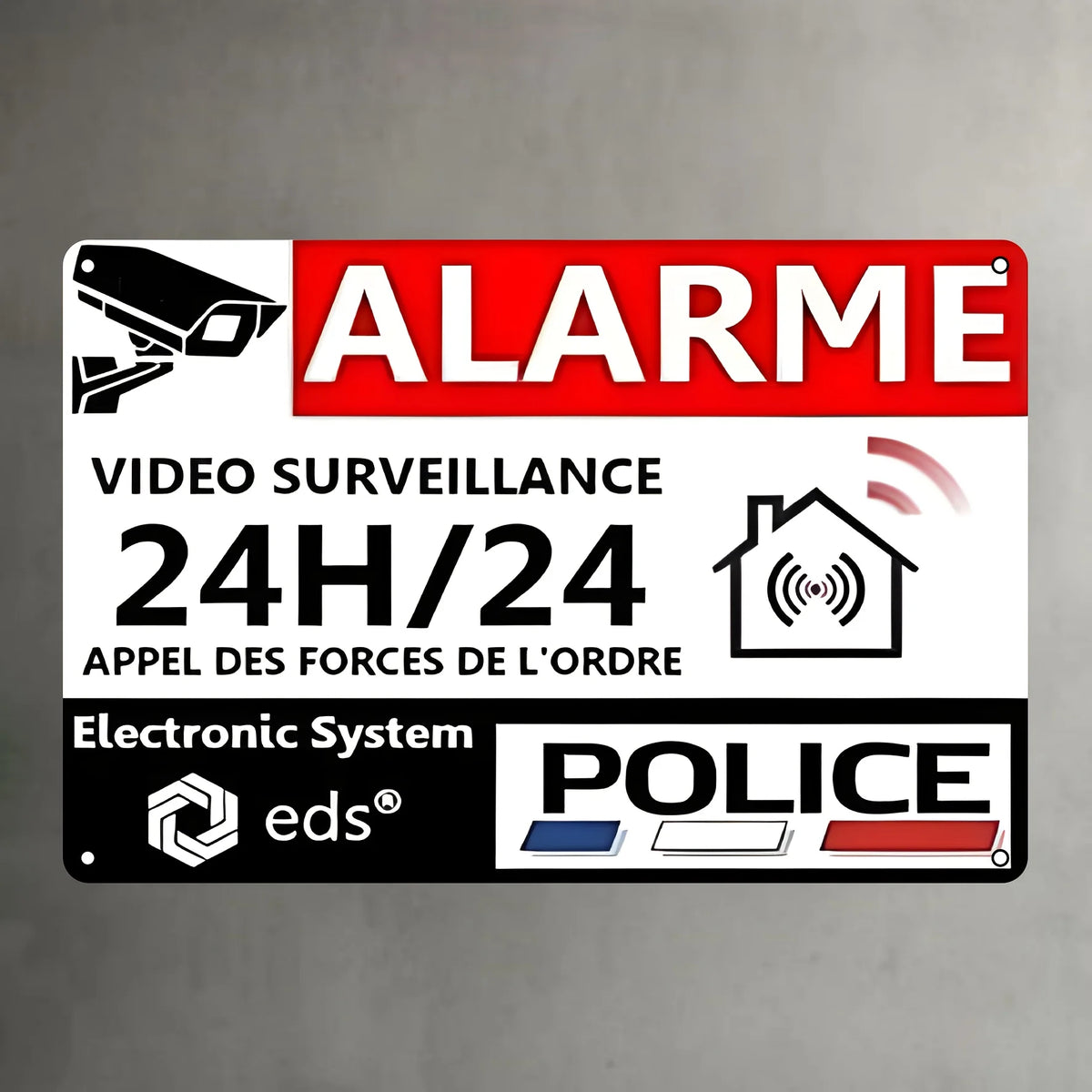 Panneaux d'alarme vidéo blanc rouge noir 24h surveillance appel police métal fixations