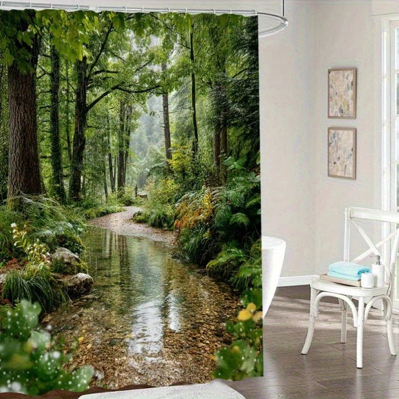 rideau douche polyester paysage forestier ruisseau naturel vert marron jaune blanc 180x180cm tringle rideau
