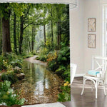 rideau douche polyester paysage forestier ruisseau naturel vert marron jaune blanc 180x180cm tringle rideau