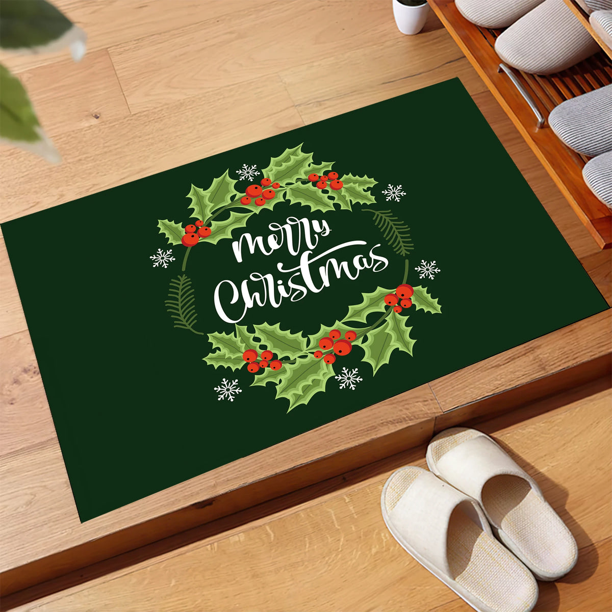 tapis sol antidérapant noël guirlande feuilles houx baies rouges flocons neige vert foncé entrée