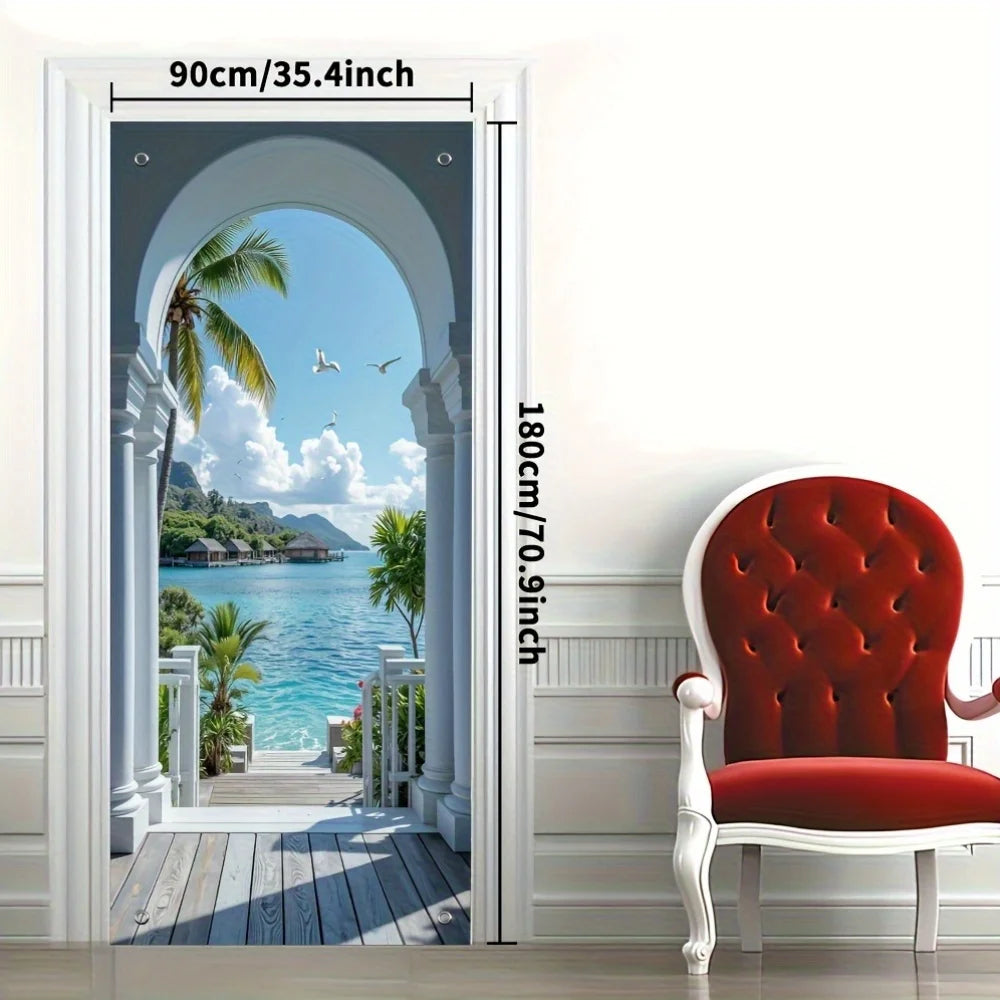 décoration murale porte autocollant paysage marin palmiers ciel bleu nuages classique bleu blanc vert