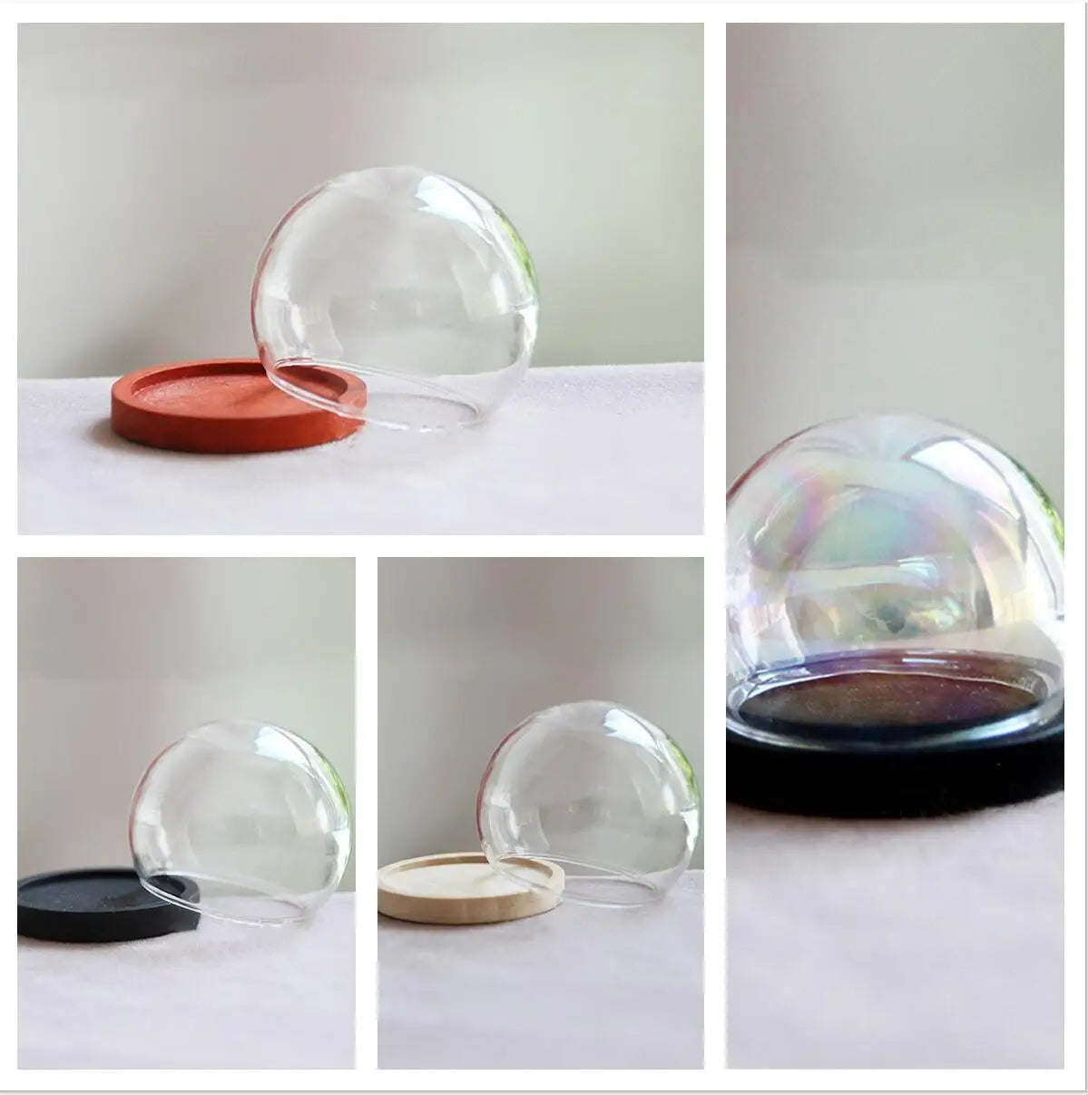 vase boule verre transparent base bois couvercle fleurs séchées