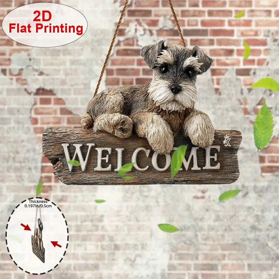Panneau decoratif welcome chien schnauzer texture bois vintage 3d cordelette marron gris blanc
