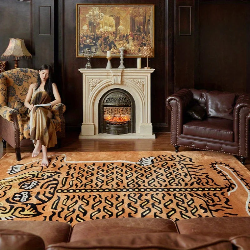 tapis rectangulaire motif tigre orange noir jaune moelleux salon décoration moderne chambre