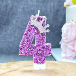 bougies anniversaire chiffre violet paillettes décoratives brillantes tringle fixations transparentes