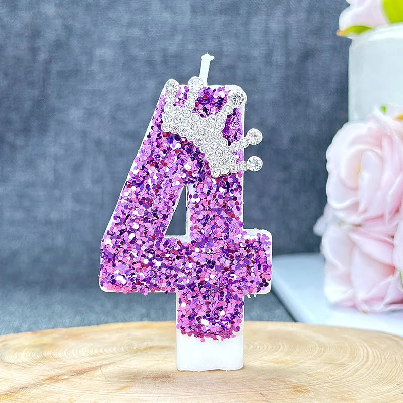 bougies anniversaire chiffre violet paillettes décoratives brillantes tringle fixations transparentes
