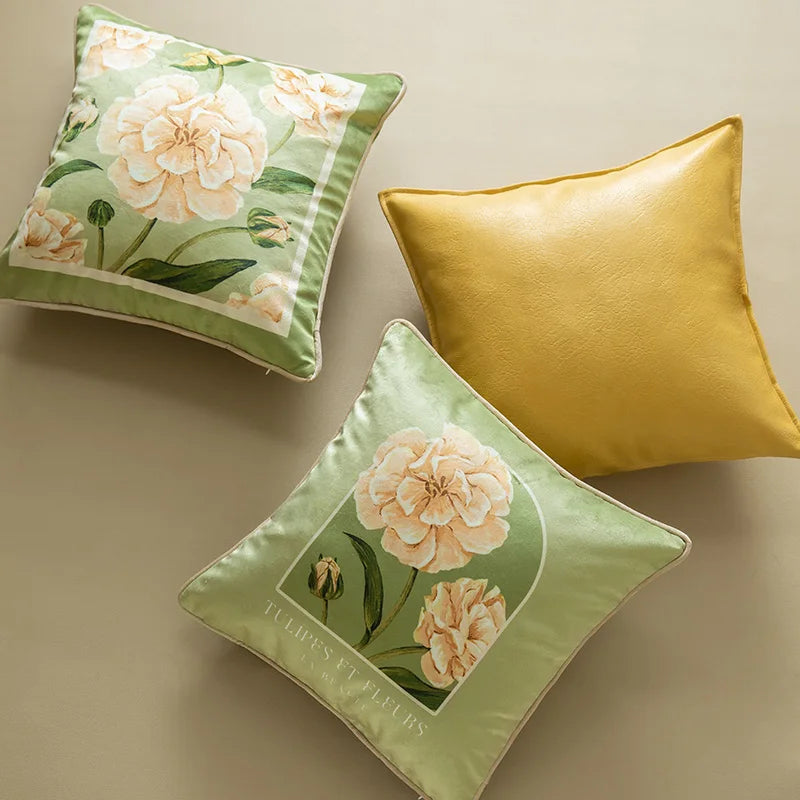coussin carré velours fleuri vert clair vintage 45x45cm 55x55cm décoration maison lit sofa farmhouse
