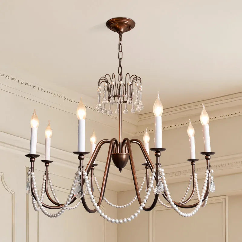lustre classique vintage bronze blanc cristaux chaînes ampoules E14 adjustable