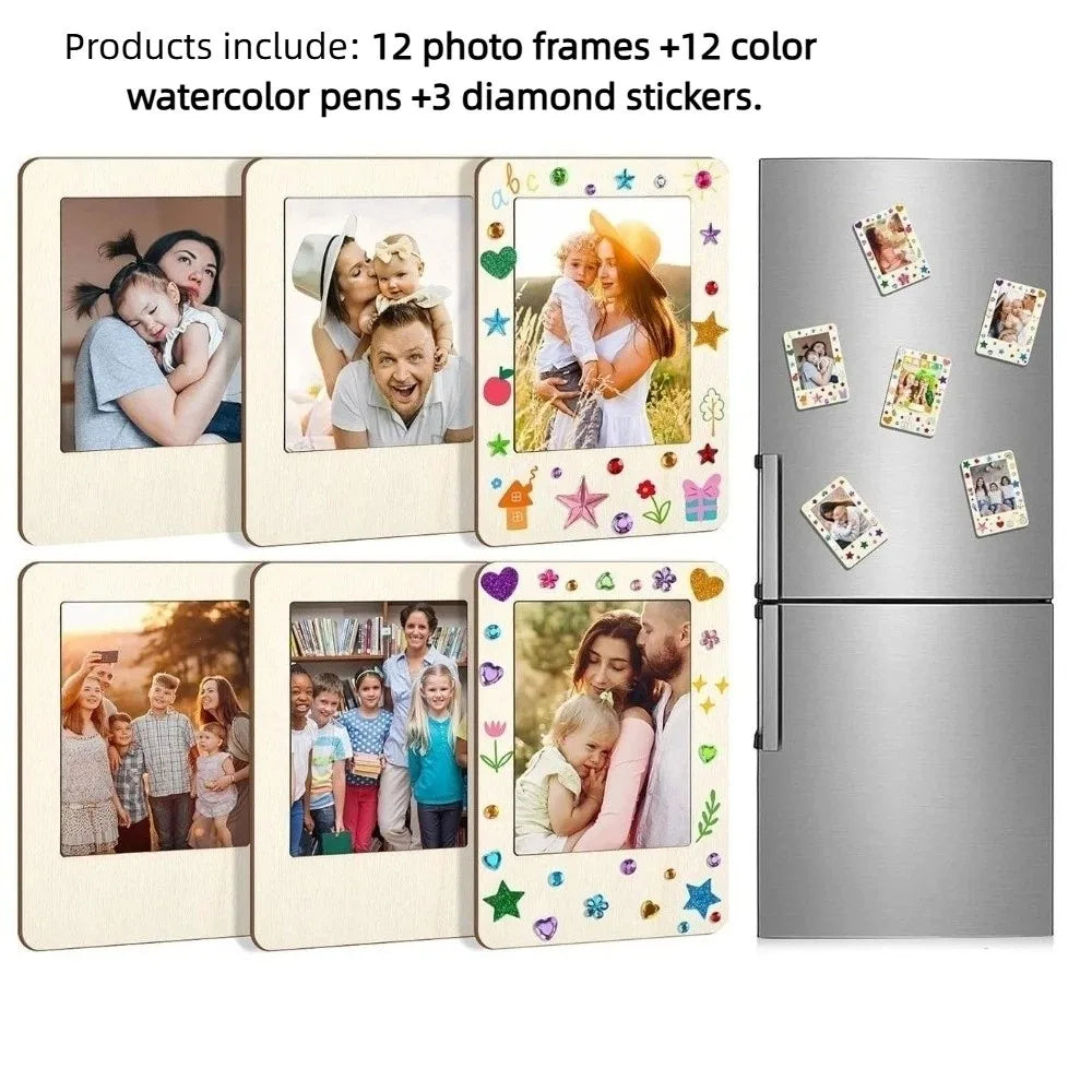 cadres photo magnétiques bois beige clair motifs colorés classiques feutres autocollants