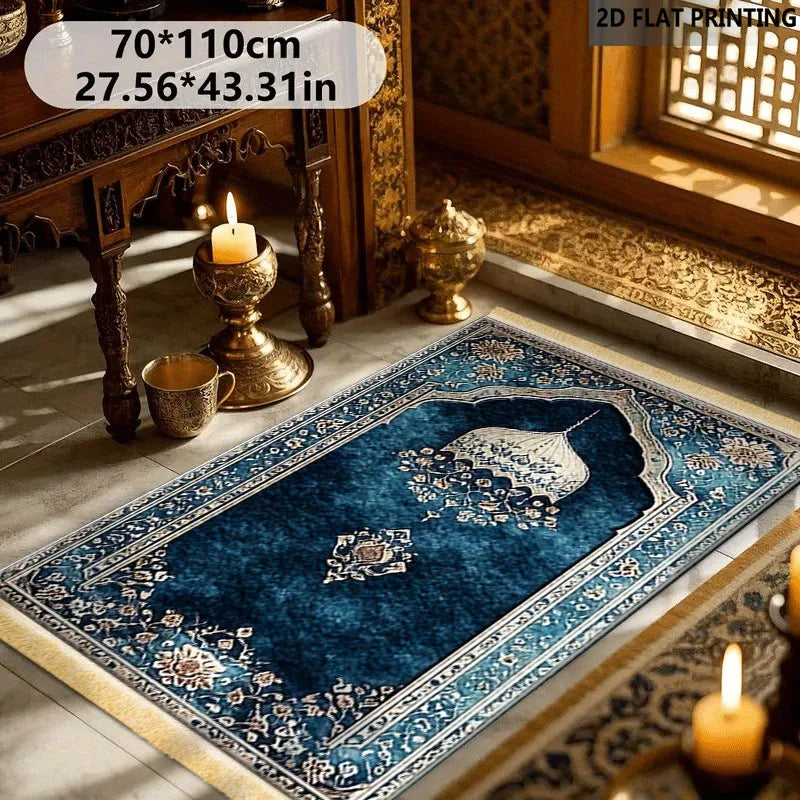 tapis prière islamique bleu foncé motif géométrique polyester résistant décoloration usage extérieur voyage