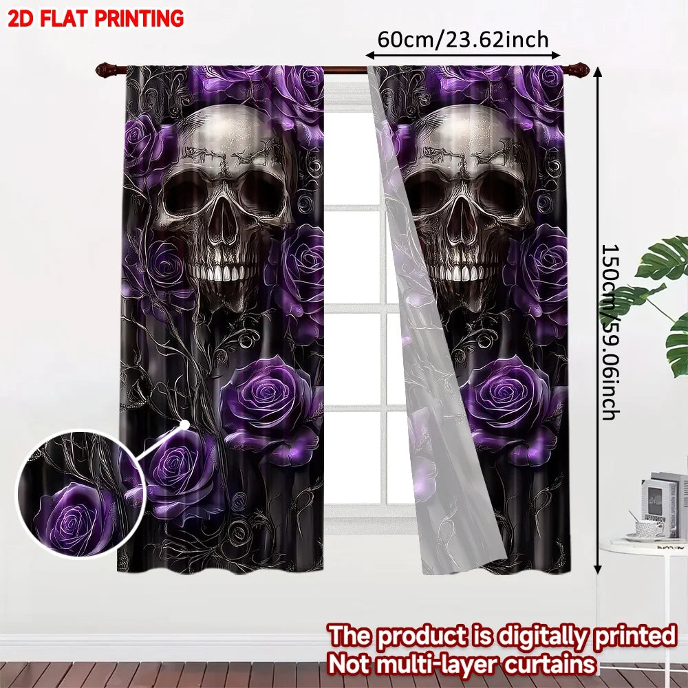 rideau noir violet crâne roses stylisés polyester moderne gothique halloween festif 132x240cm