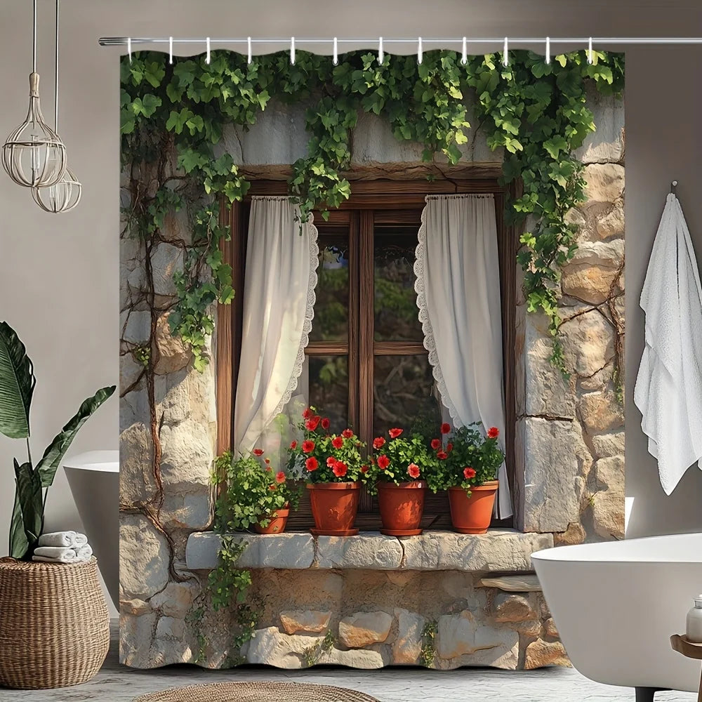 rideau douche rustique fenêtre pierre plantes grimpantes rideaux blancs fleurs rouges potsOpaque beige marron