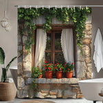 rideau douche rustique fenêtre pierre plantes grimpantes rideaux blancs fleurs rouges potsOpaque beige marron