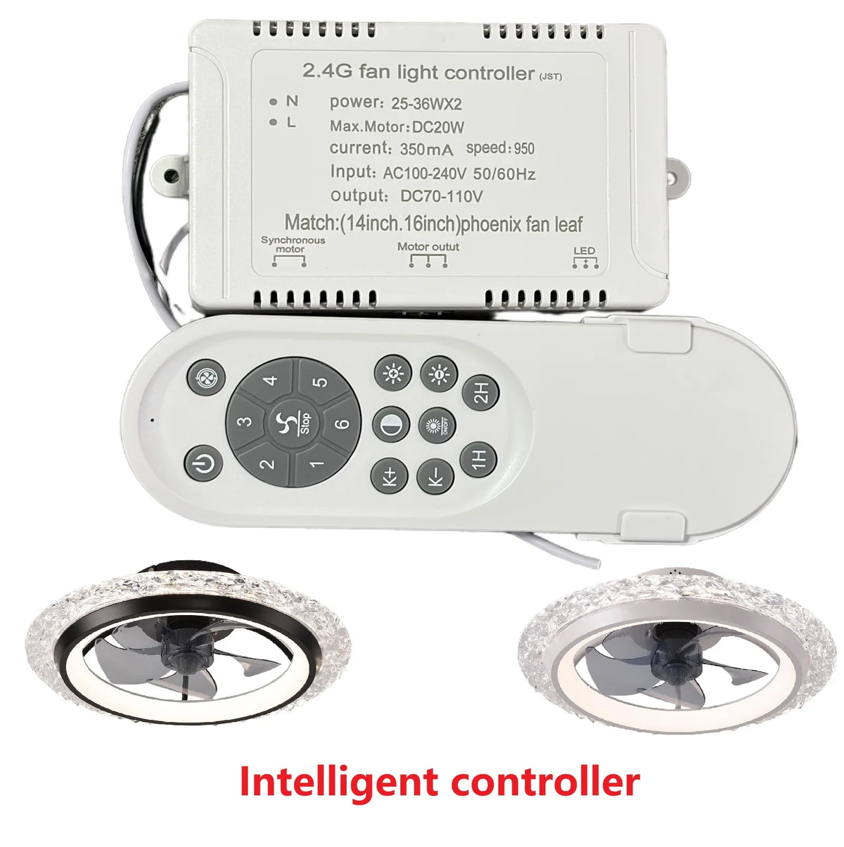 contrôleur lumière ventilateur blanc moderne télécommande variateur intensité six vitesses led application smartphone