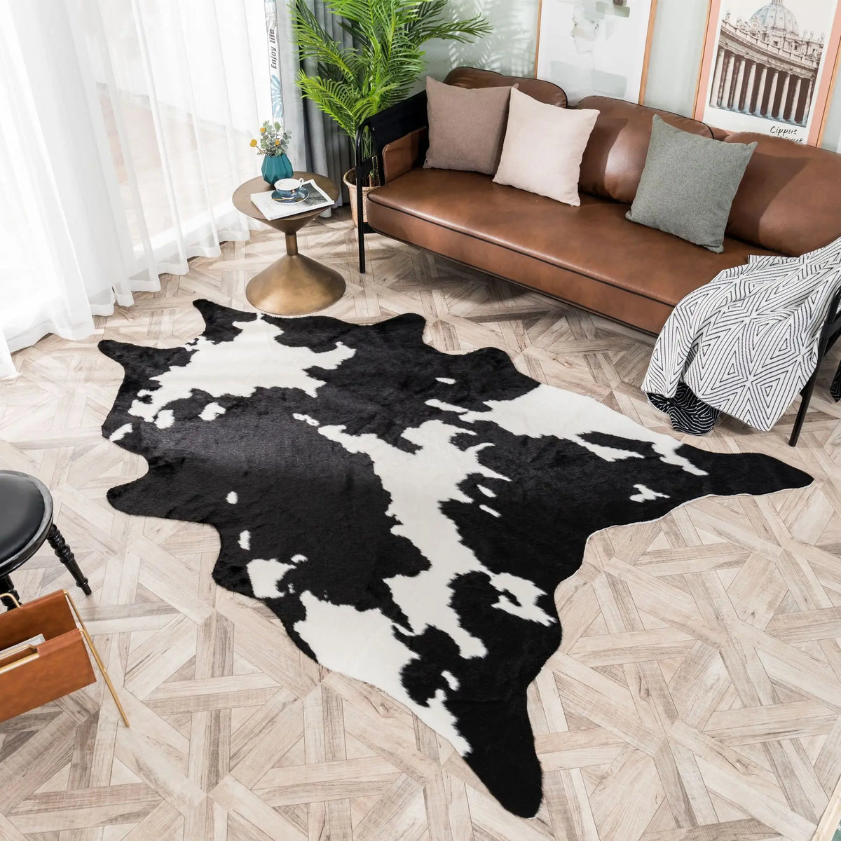 tapis rectangulaire moderne imprimé peau vache noir blanc salon chambre décoration polyester daim