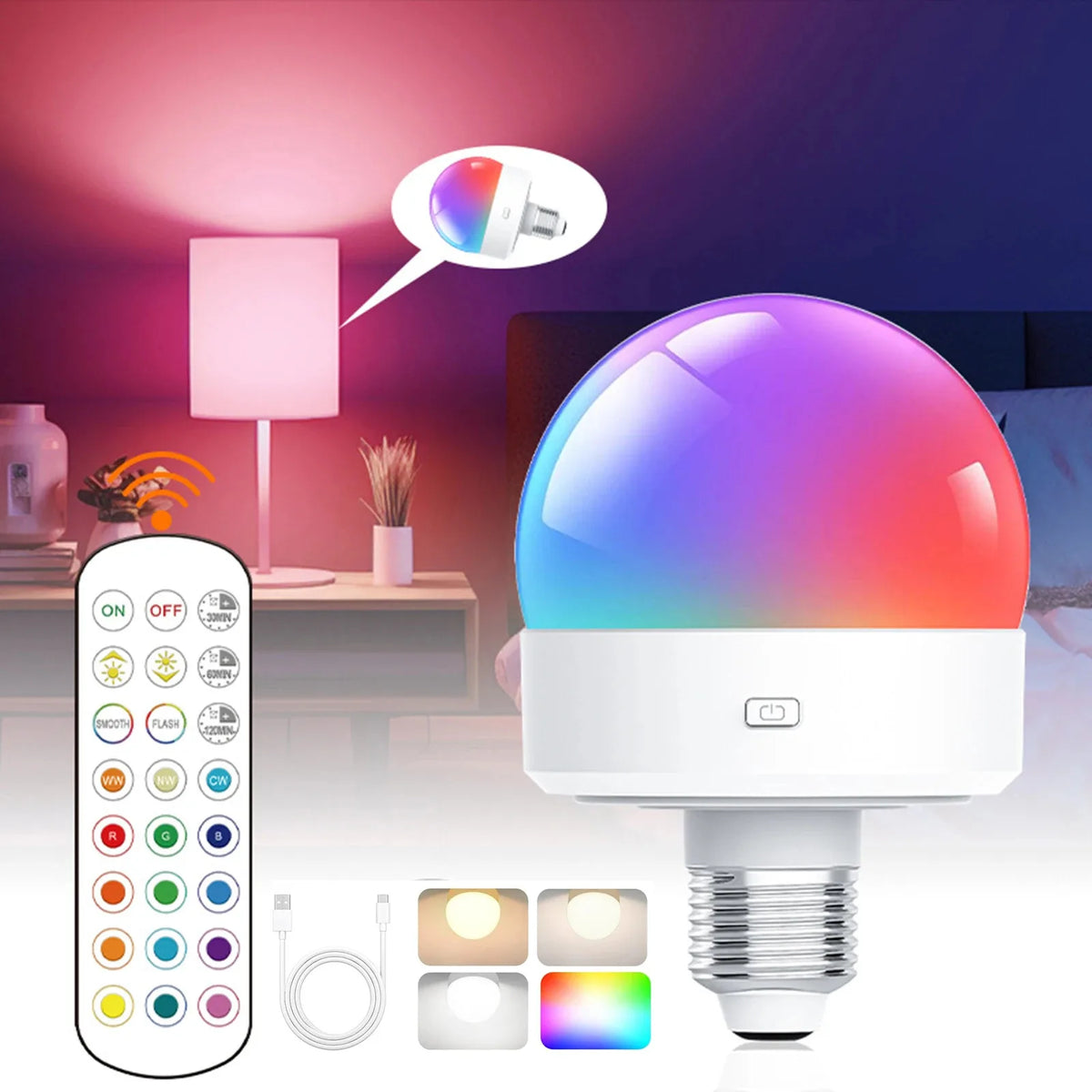 ampoule led rechargeable veilleuse e27 e26 rgb blanc moderne télécommande charge usb