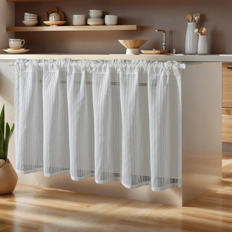 rideau blanc rayures fines polyester translucide classique cuisine 180x60cm