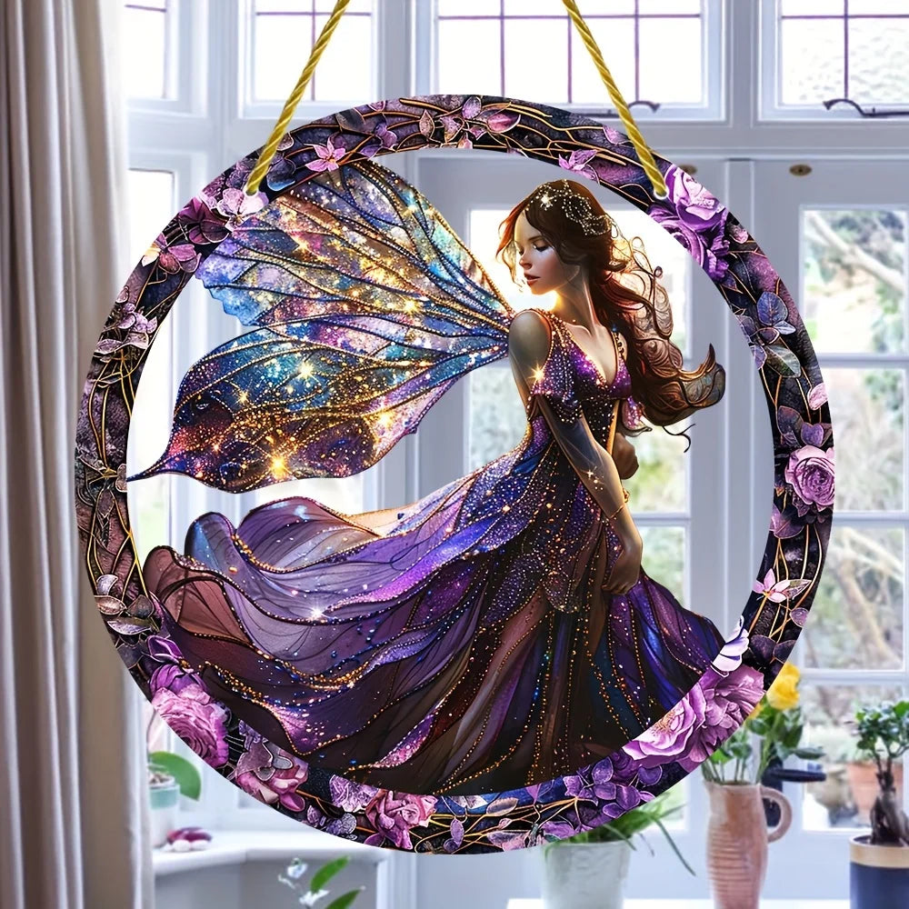 cadre circulaire boho violet noir doré fleurs papillons étoiles opalescent elfes suspension 20cm
