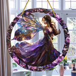 cadre circulaire boho violet noir doré fleurs papillons étoiles opalescent elfes suspension 20cm