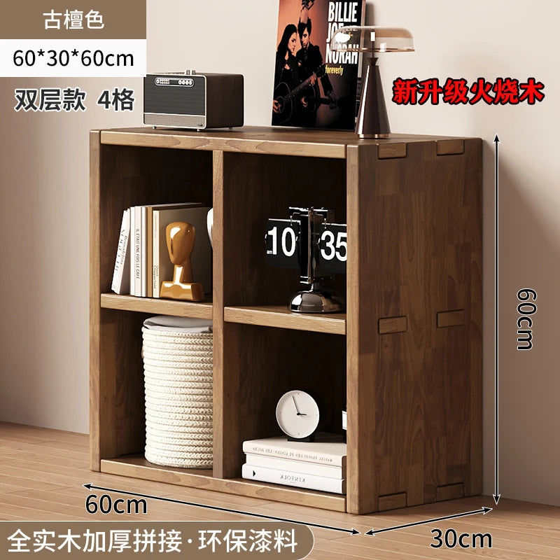 meuble compartiments bois marron clair texture naturelle moderne rangement livres cadres statues horloges