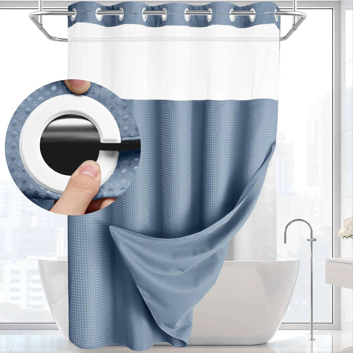 rideau douche moderne gris vert blanc tissé points transparent waterproof anneaux 72x74inch