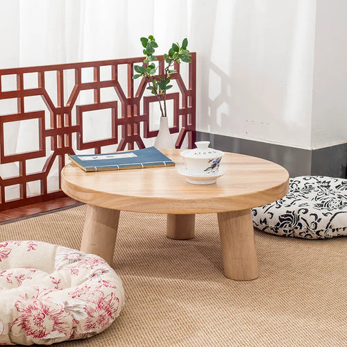 table basse bois massif moderne minimaliste ronde naturelle brun foncé salon maison japonaise