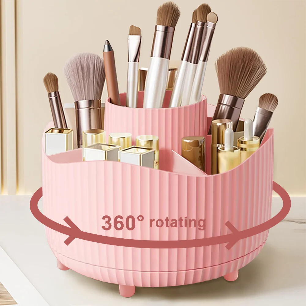 boîte rangement rotative blanc rayures verticales moderne pieds non slip compartiments pinceaux maquillage produits