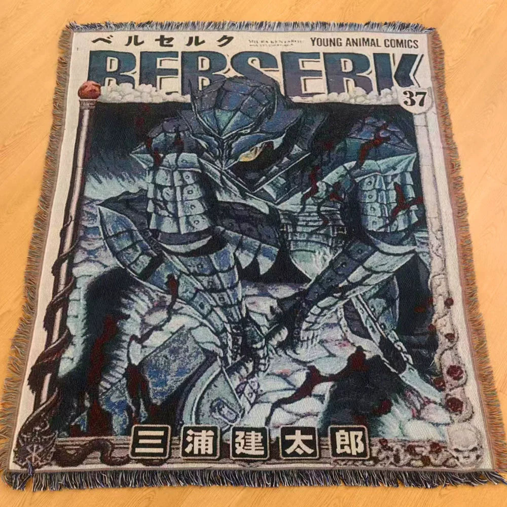 tapisserie dessin animé berserk personnage épée armure noir blanc gris bleu rouge marron jacinthe