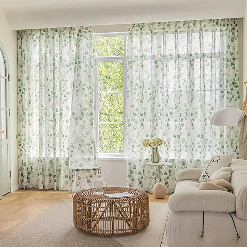 rideau moderne feuilles vertes transparent 100x130cm blanc vert inclusion tringle pastorale naturelle maison
