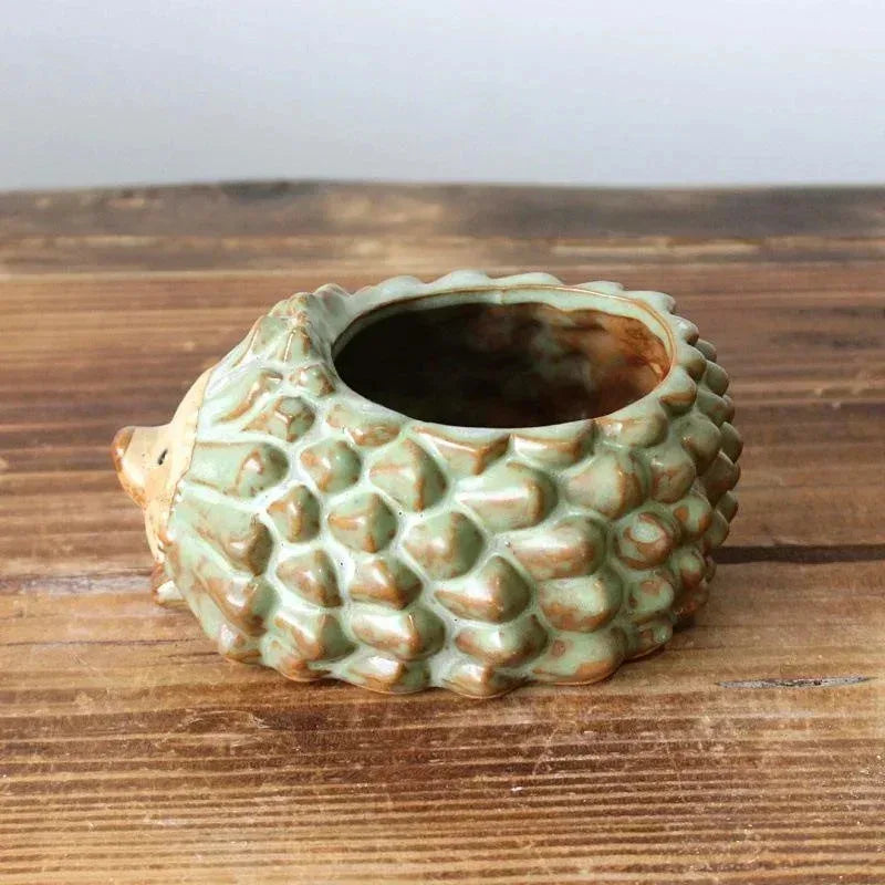 pots fleurs céramique hérisson épinules vert clair marron succulentes décoration jardin champêtre animalier