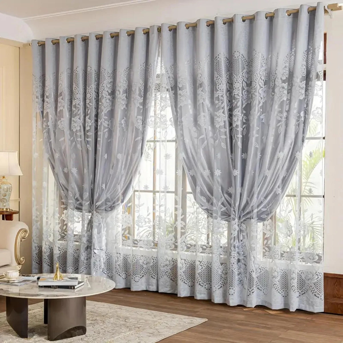 rideau gris floral semi transparent classique brodé salon chambre