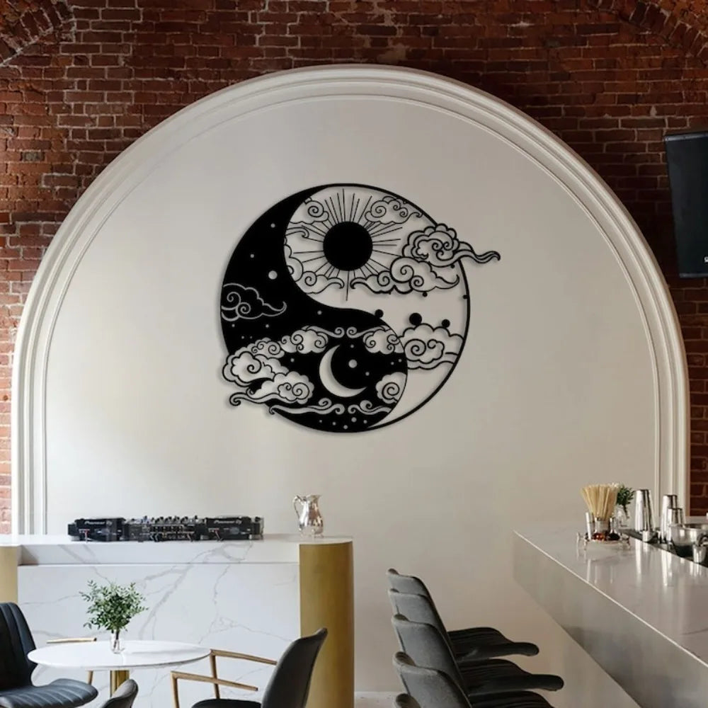 décoration murale yin yang noir blanc nuages stylisés contemporain métal 25x30cm