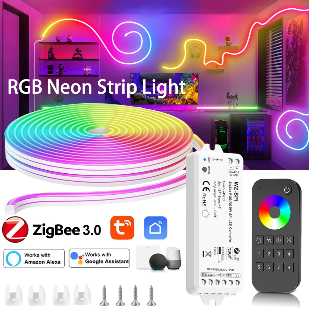 bande lumineuse led rgbic néon 10m contrôleur zigbee télécommande moderne