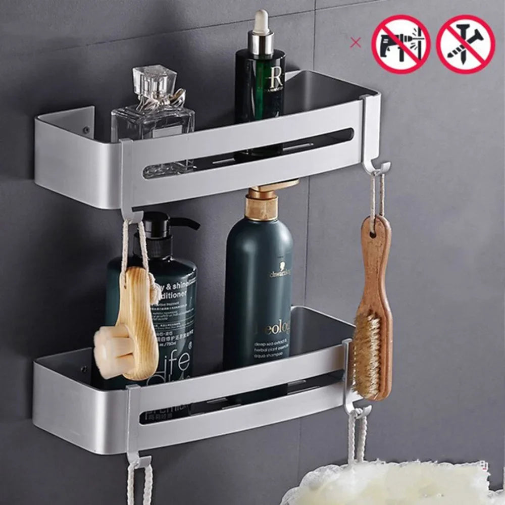 étagère angle moderne noire blanche or adhésive réutilisable salle bain douche trois niveaux fixations