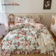 Parure de lit vintage fleurie en coton avec dentelle et volants pour chambre romantique