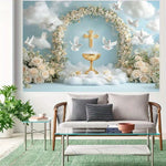décoration murale mariage calice doré colombes blanches fleurs roses nuages croix festive