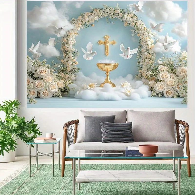 décoration murale mariage calice doré colombes blanches fleurs roses nuages croix festive