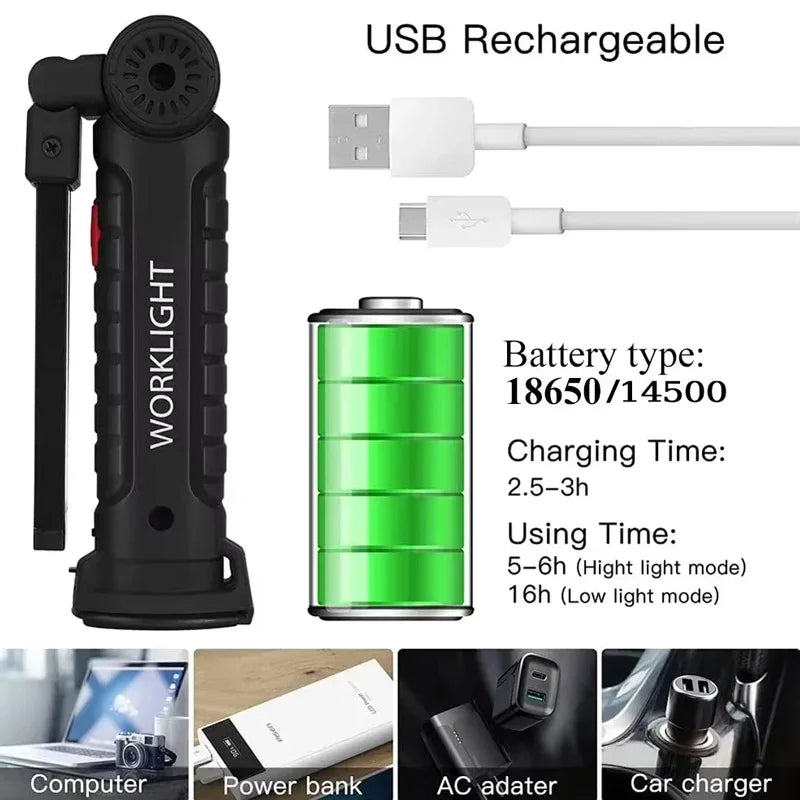 lampe travail led rechargeable aimant usb noir texture antidérapante modulable luminosité