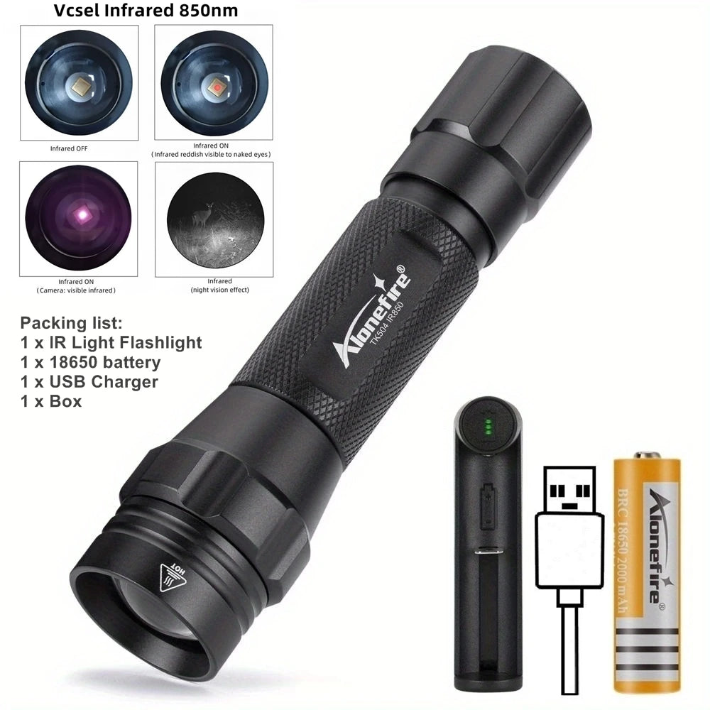 lampe torche noire infrarouge lumineuse intense résistante moderne tringle modes réglables