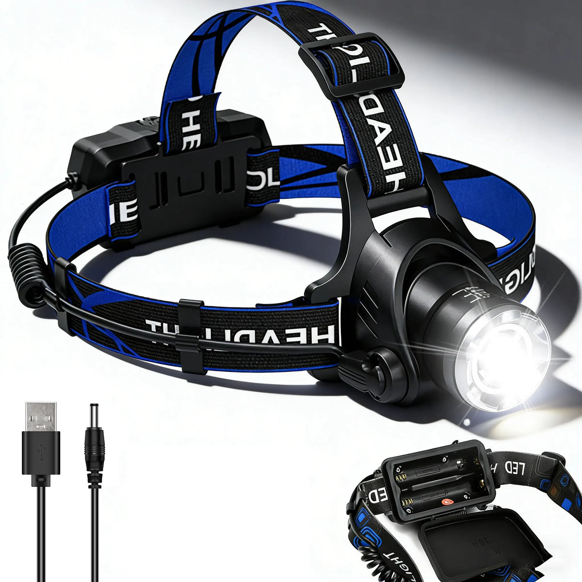 lampe frontale led rechargeable étanche haute luminosité zoomable noir bleu moderne