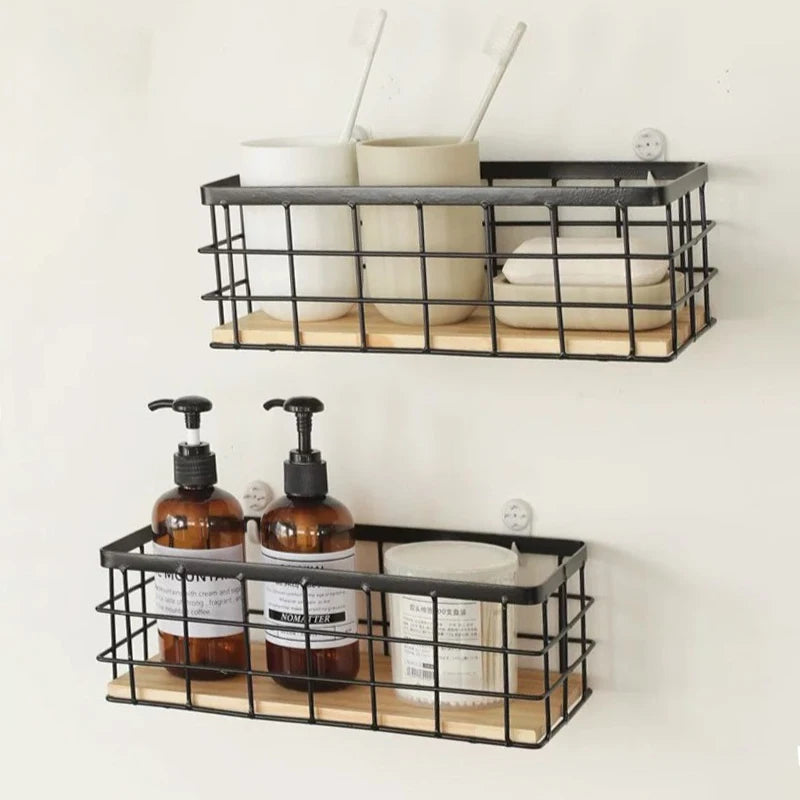 panier métallique industriel noir plateau bois rangement cuisine salle bains