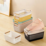 paniers rangement blanc jaune bleu rose noir maille fine moderne pratique poignées bois