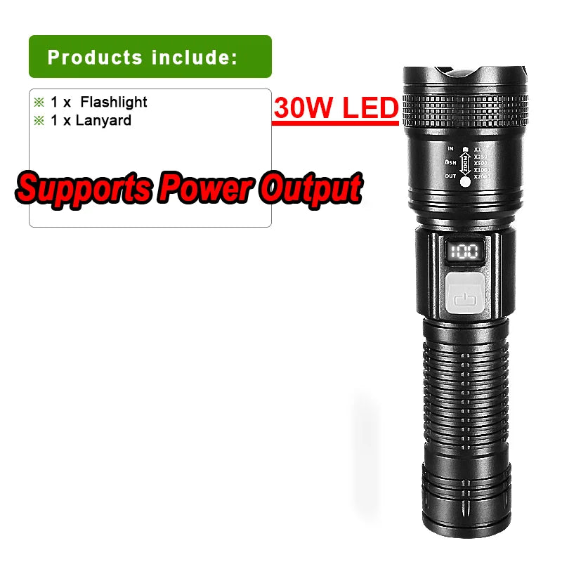 lampe poche rechargeable led laser 30w zoom portable camping hunting fishing