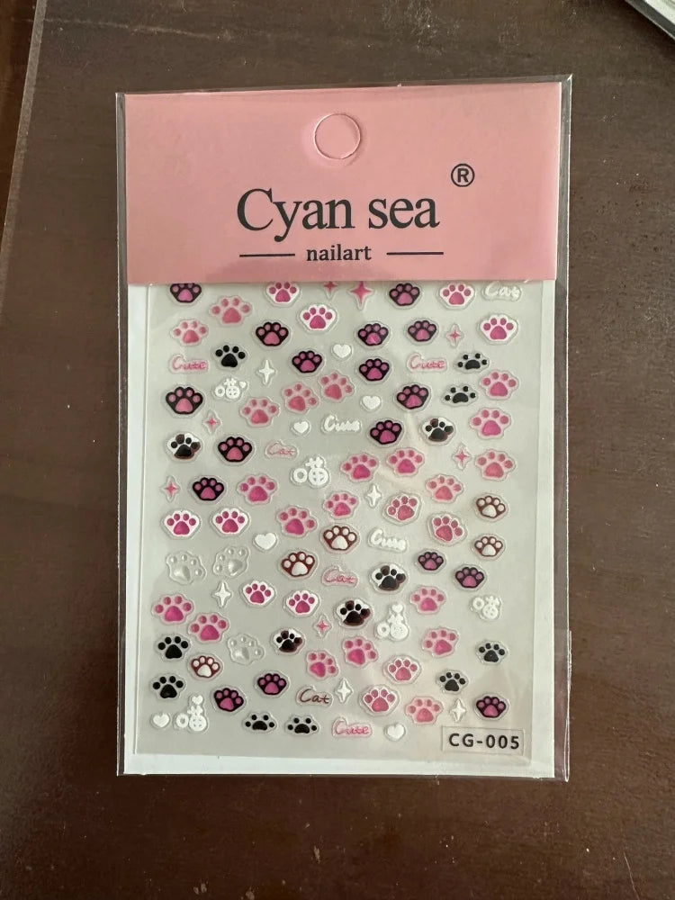 autocollants ongles transparents empreintes chat coeurs cute cat mignon rose blanc noir