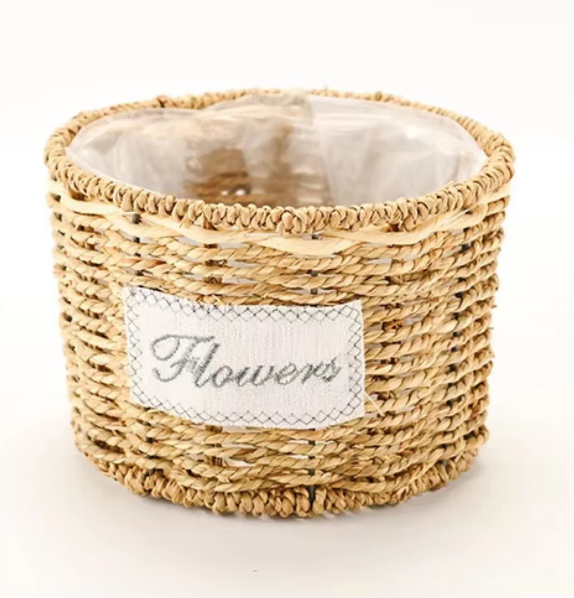panier vannerie transparent insert plastique fleurs artificielles rustique intérieur bleu carreaux
