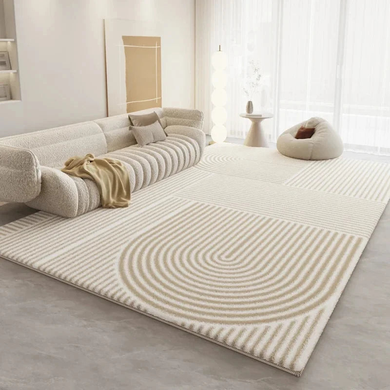 tapis beige clair moderne minimaliste lignes concentriques antidérapant lavable salon chambre décoration maison japandi