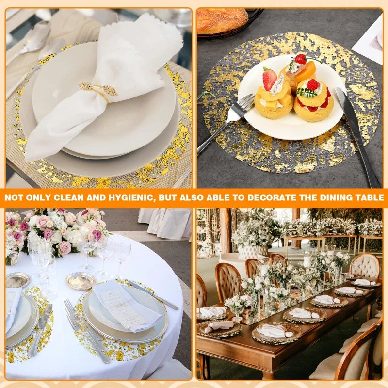 serviettes table blanches dorées feuille d'or texture élégantes classiques 33cm