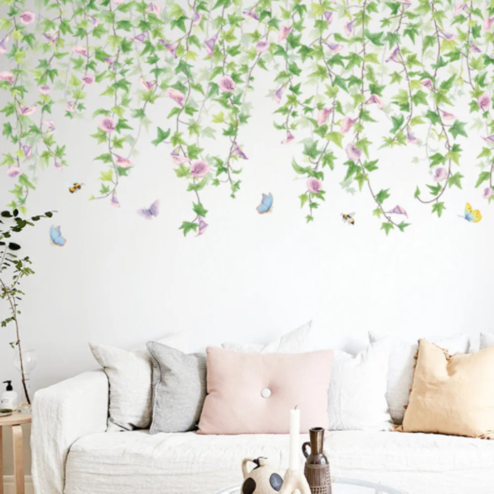 sticker mural floral vigne feuilles fleurs papillons adhésif facile appliquer vert rose blanc naturel